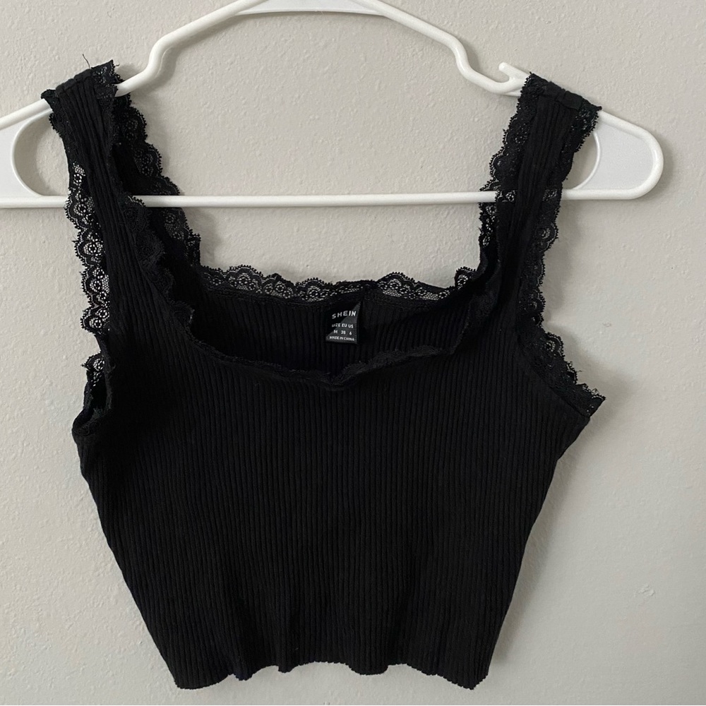 SHEIN Black Ribbed Top with Lace Detail